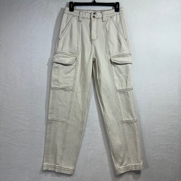 Pacsun S Elastic Waist Cargo Pants Cream‎ Utility Straight Leg Streetwear Y2K - Picture 1 of 8